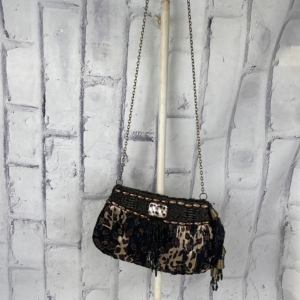 Mary Frances Crossbody Purse Pleated Beaded Embellished Animal Print Tassels - Picture 2 of 9